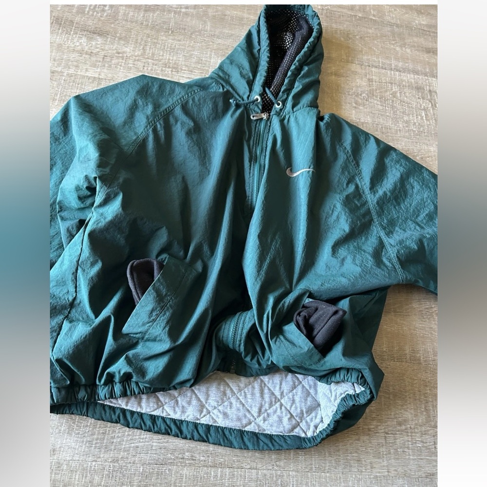 Nike Vintage Coat Men’s XL Swoosh Zip Hooded Green Embroidered JACKET Lined 90s - Picture 12 of 15
